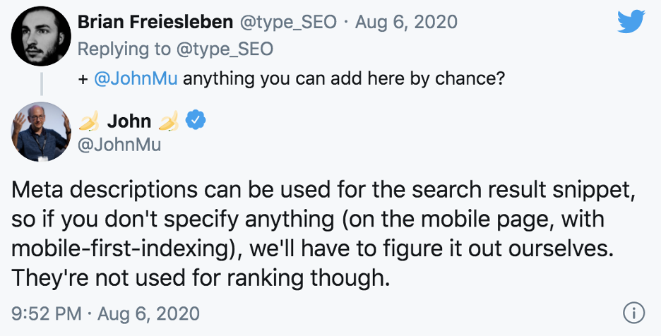 John Mueller comments on Twitter on the use of meta descriptions
