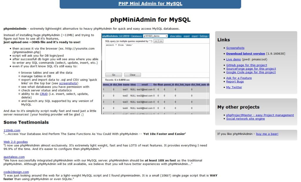 phpminiadmin website screenshot