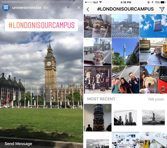 University of Westminster Instagram activity and #londonisourcampus