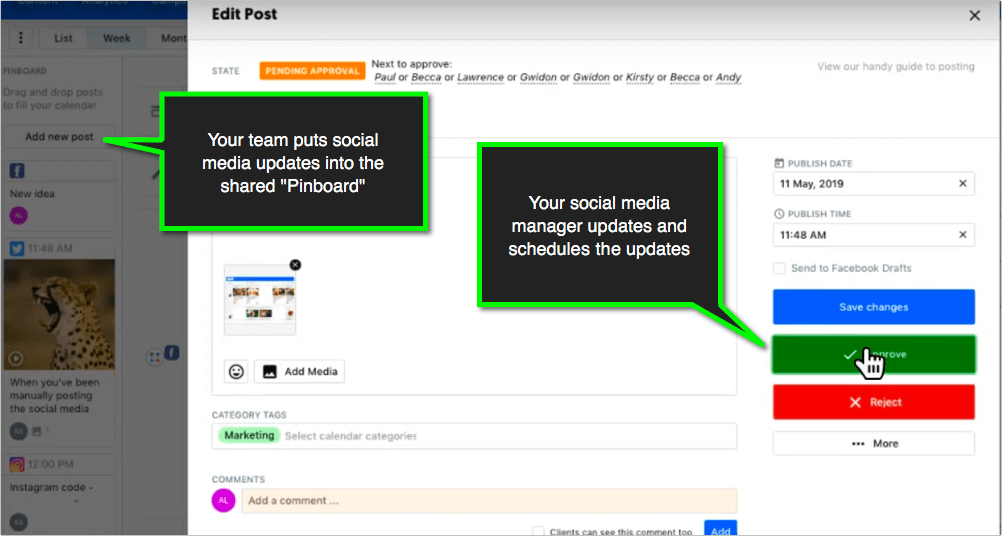 screenshot of ContentCal showing collaboration between social media and sales teams