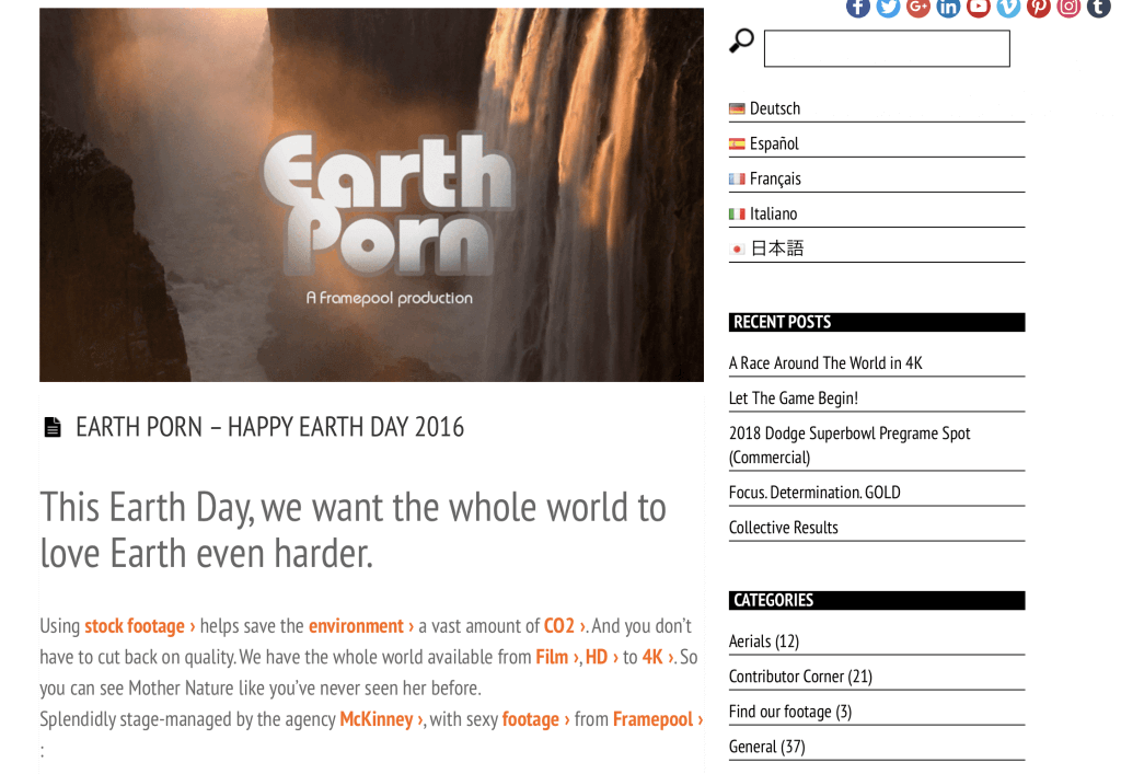 a screen shot of Earth Porn's article for their earth day campaign
