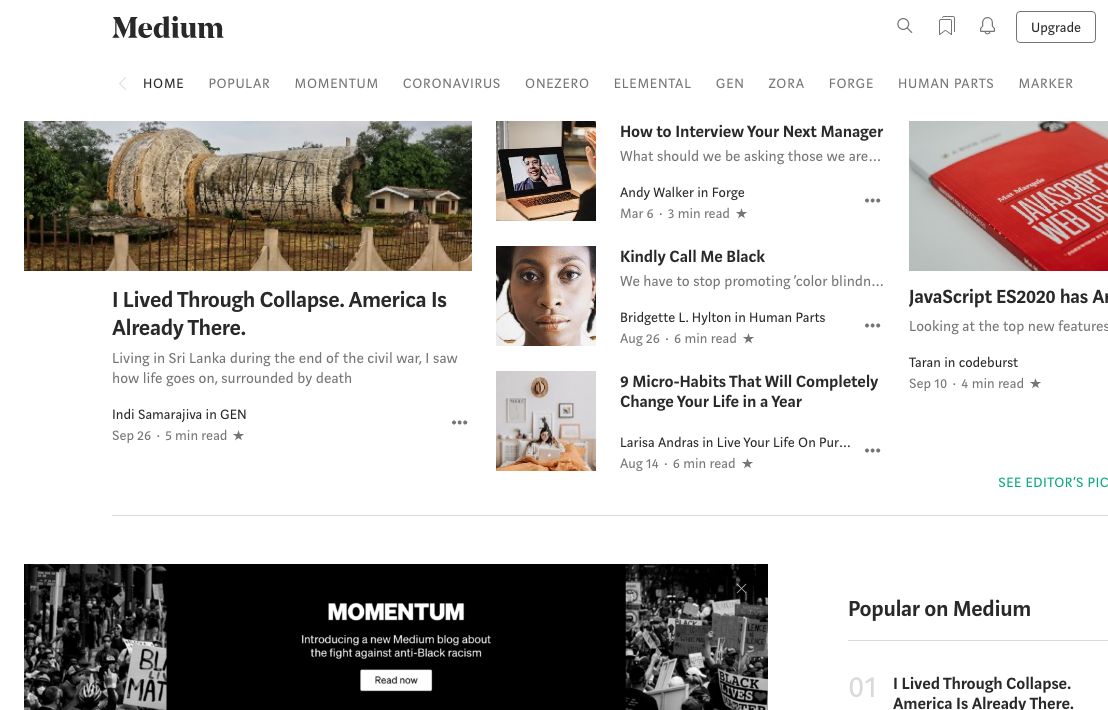 Medium homepage