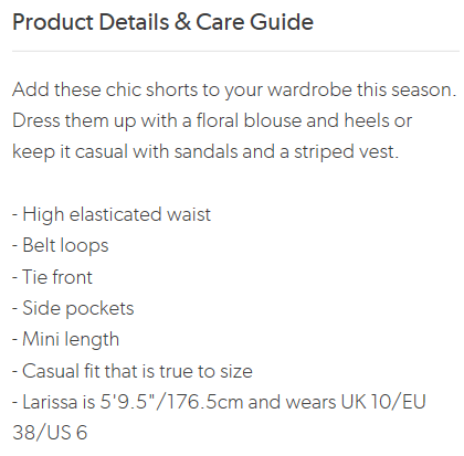 Optimised product description for shorts