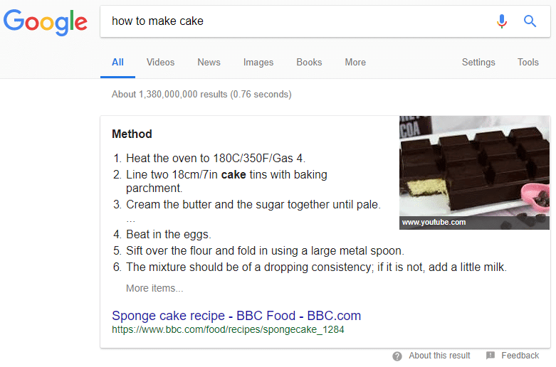 seo voice search for Google featured snippet for how to make cake