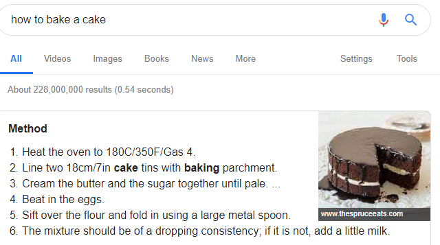 How to bake a cake featured snippet