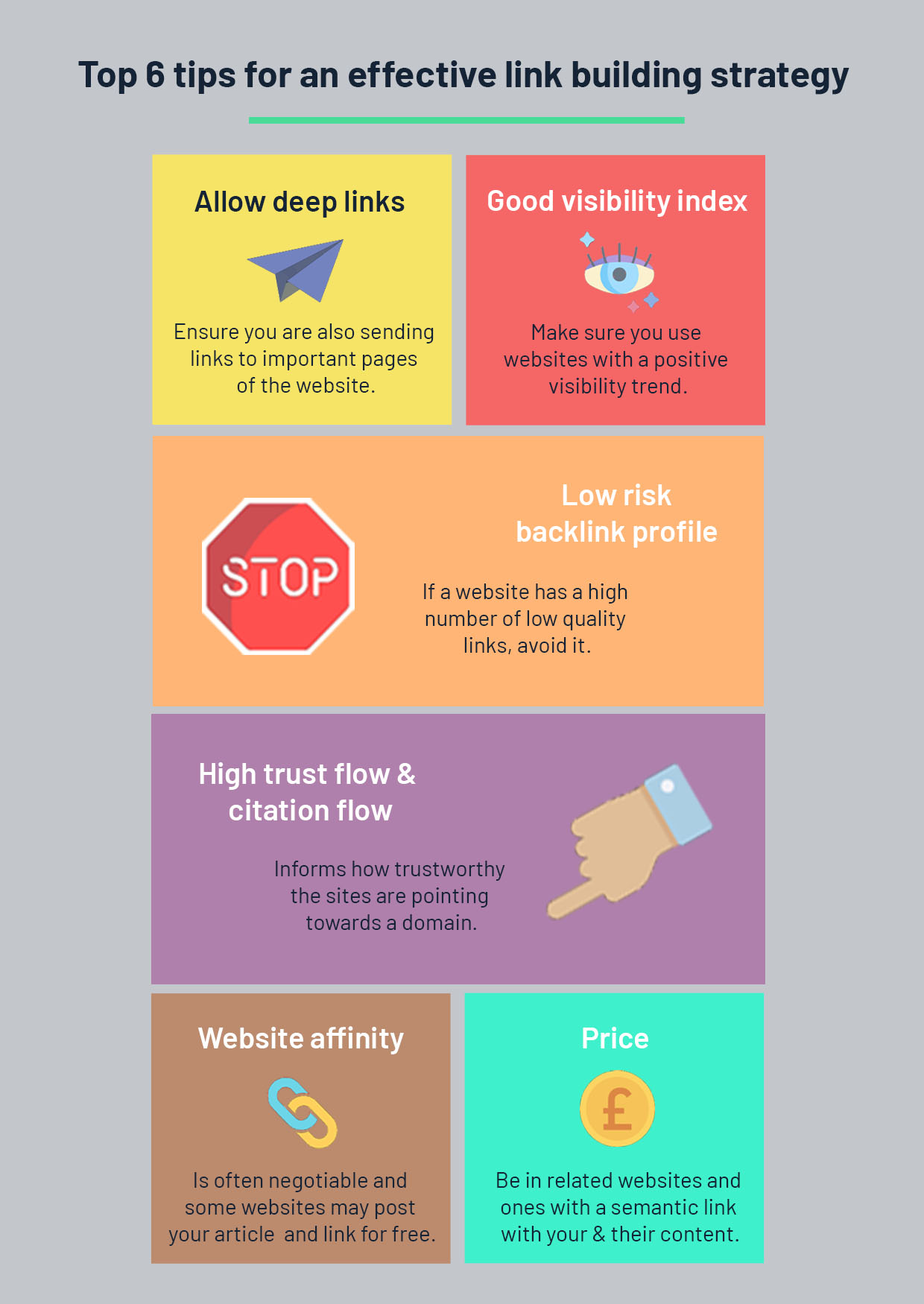 an infographic showing the top 6 tips for an effective link building strategy