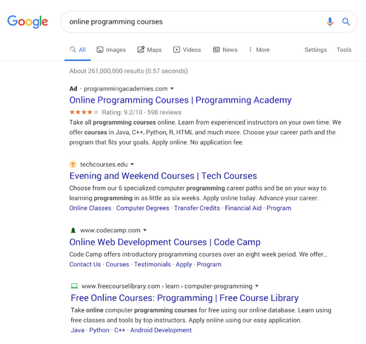 screenshot of a Google search for 'online programming course'
