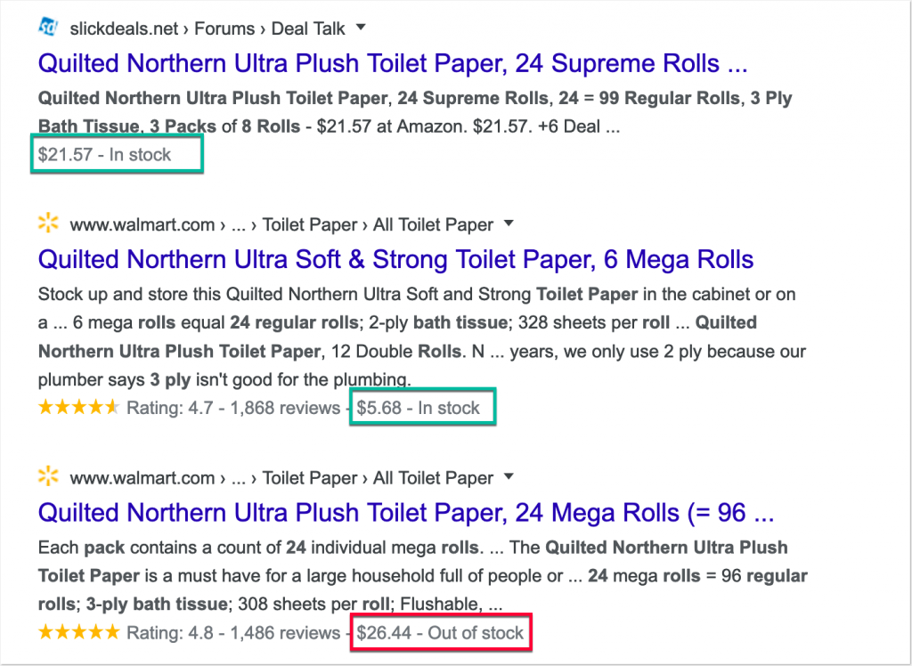 screenshot from Google showing the 'out of stock schema' for toilet paper