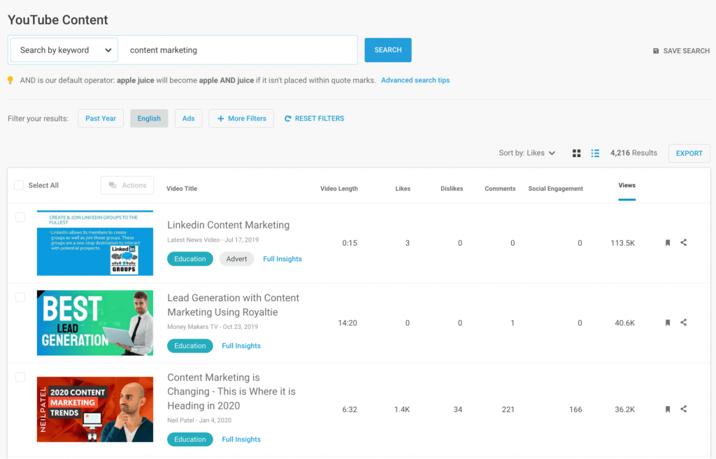 screenshot from Buzzsumo searching for YouTube content around 'content marketing'