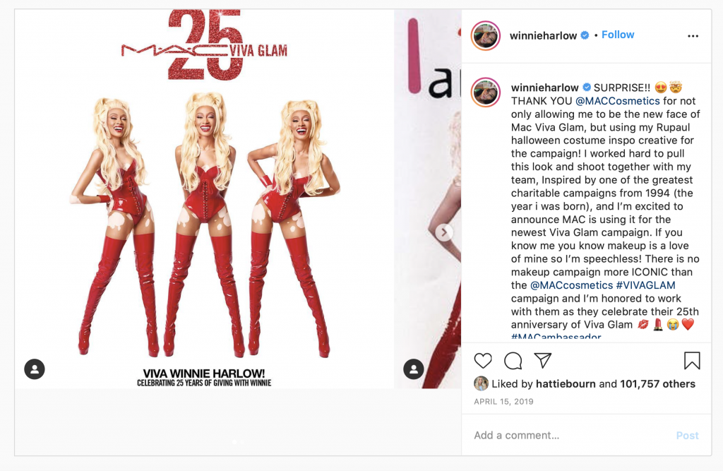An Instagram post by Winnie Harlow celebrating MAC cosmetics 25 years of their VIVA GLAM range