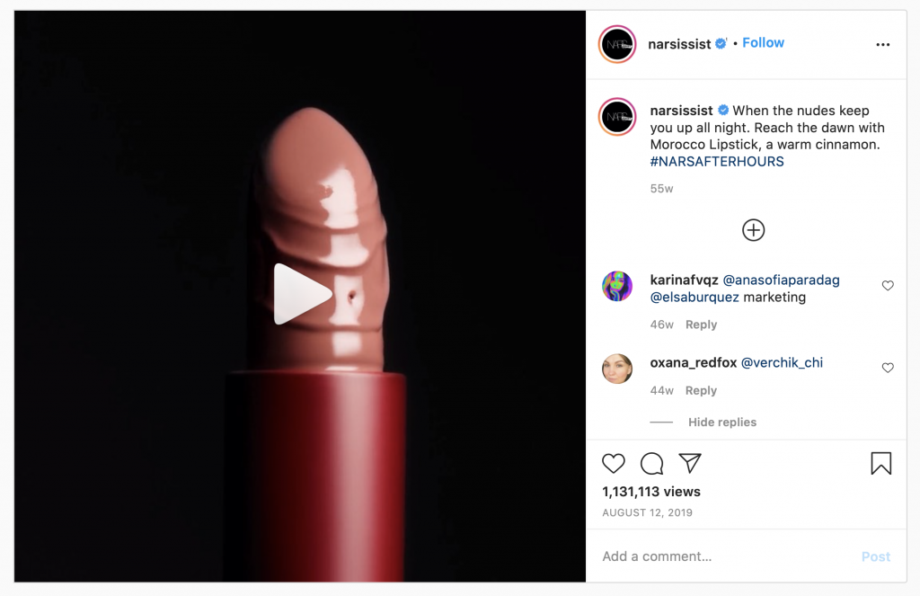 An Instagram post of NARS cosmetic's controversial campaign showing their lipstick changing from phallic shape to lipstick