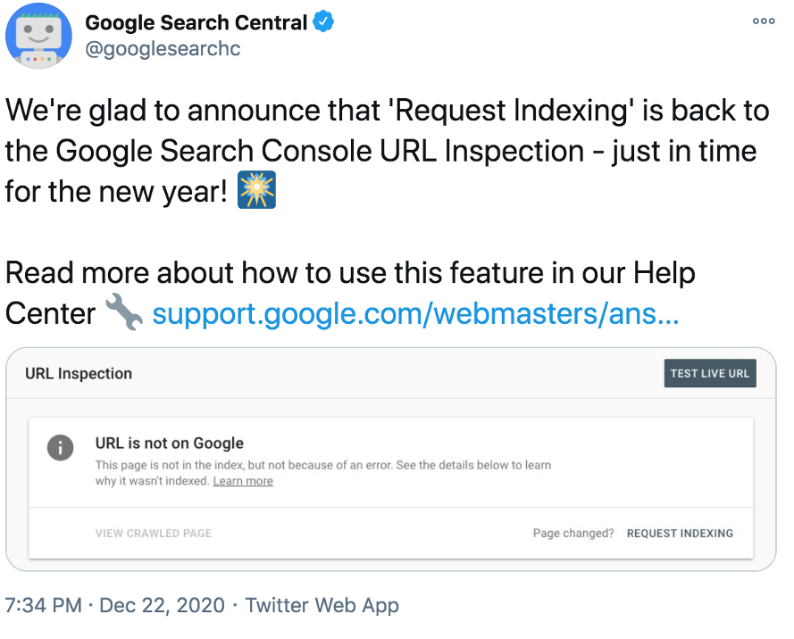 Google search central announces request indexing tool in Search Console is back