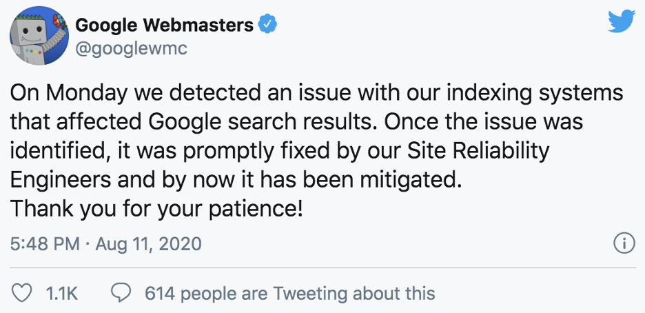 Google Masters Blog Tweets confirming indexing glitch