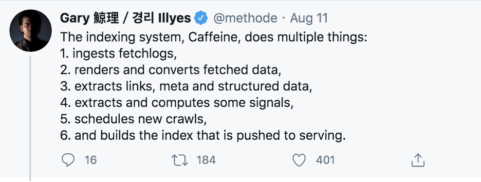 Twitt about the capabilities of Google's Caffeine indexing system
