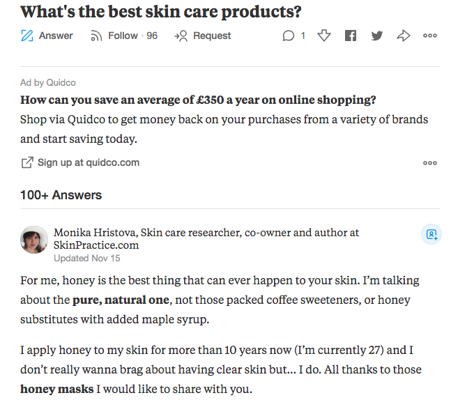 Forum question 'what's the best skin care products?' has users answering with their preferred products, boosting brand or product awareness.