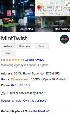Screenshot of MintTwist digital agency GMB listing on Google