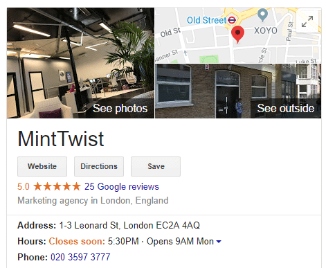 Google My Business result for Minttwist using SEO Voice Search