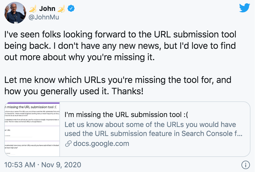 John Muller tweet URL submission