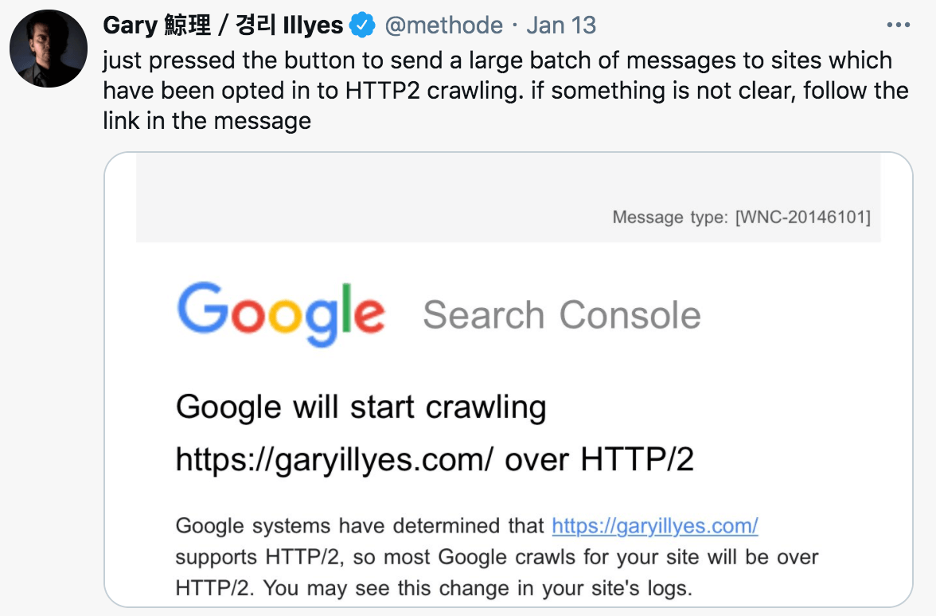Alt="Gary Illyes announces that Google sends out notifications to sites that the Googlebot is crawling HTTP/2 Protocol."