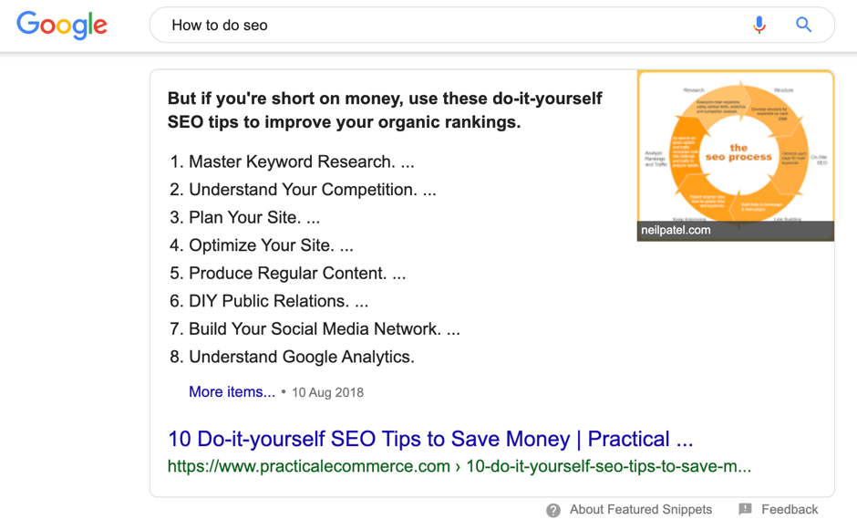 Google featured snippet on SEO
