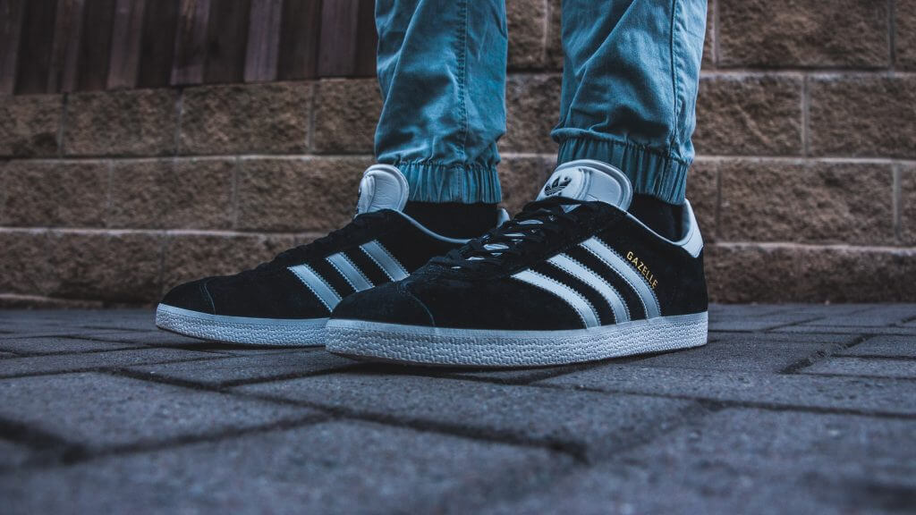 Close up of Adidas Gazelle trainers in black