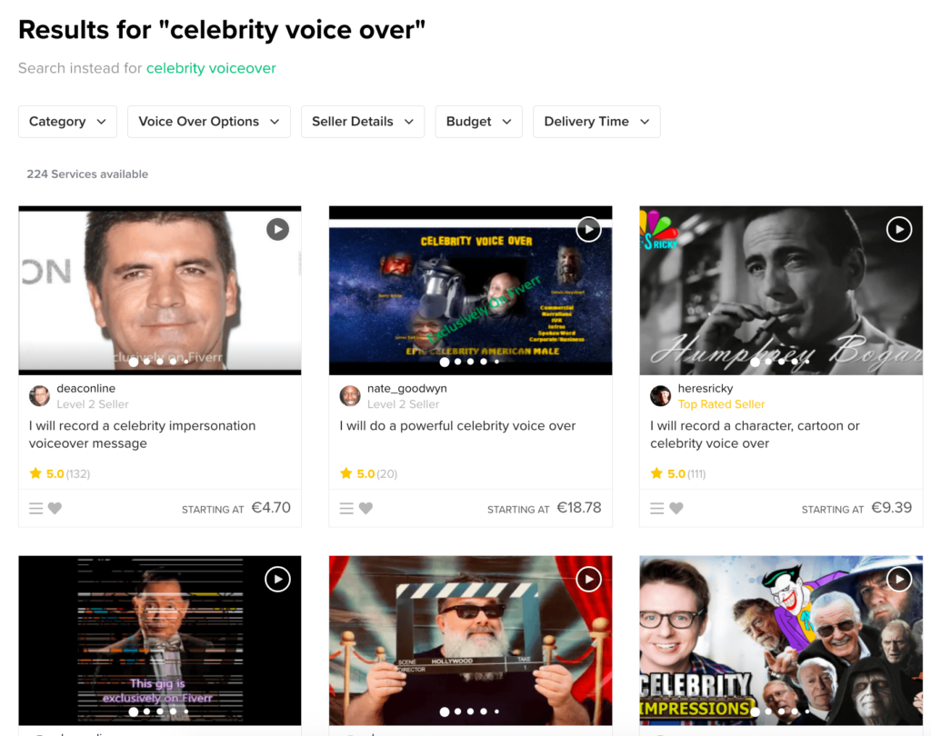 Screenshot of fiverr showing results for finding celebrity voice over impersonations to overlay on your YouTube videos