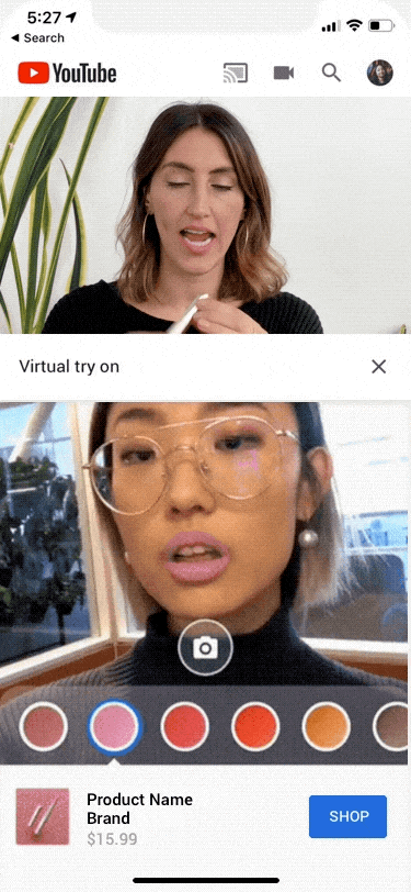 A gif showing YouTube's make up virtual try on feature being used