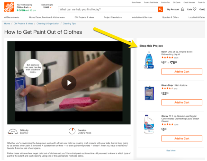 Home Depot blog article with a CTA inviting users to purchase items referenced in the blog.